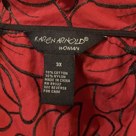 Karen Arnold. Size 3X. Cutwork Embroidered. Red Jacket. 1 Neck Button. B20 - Picture 6 of 6